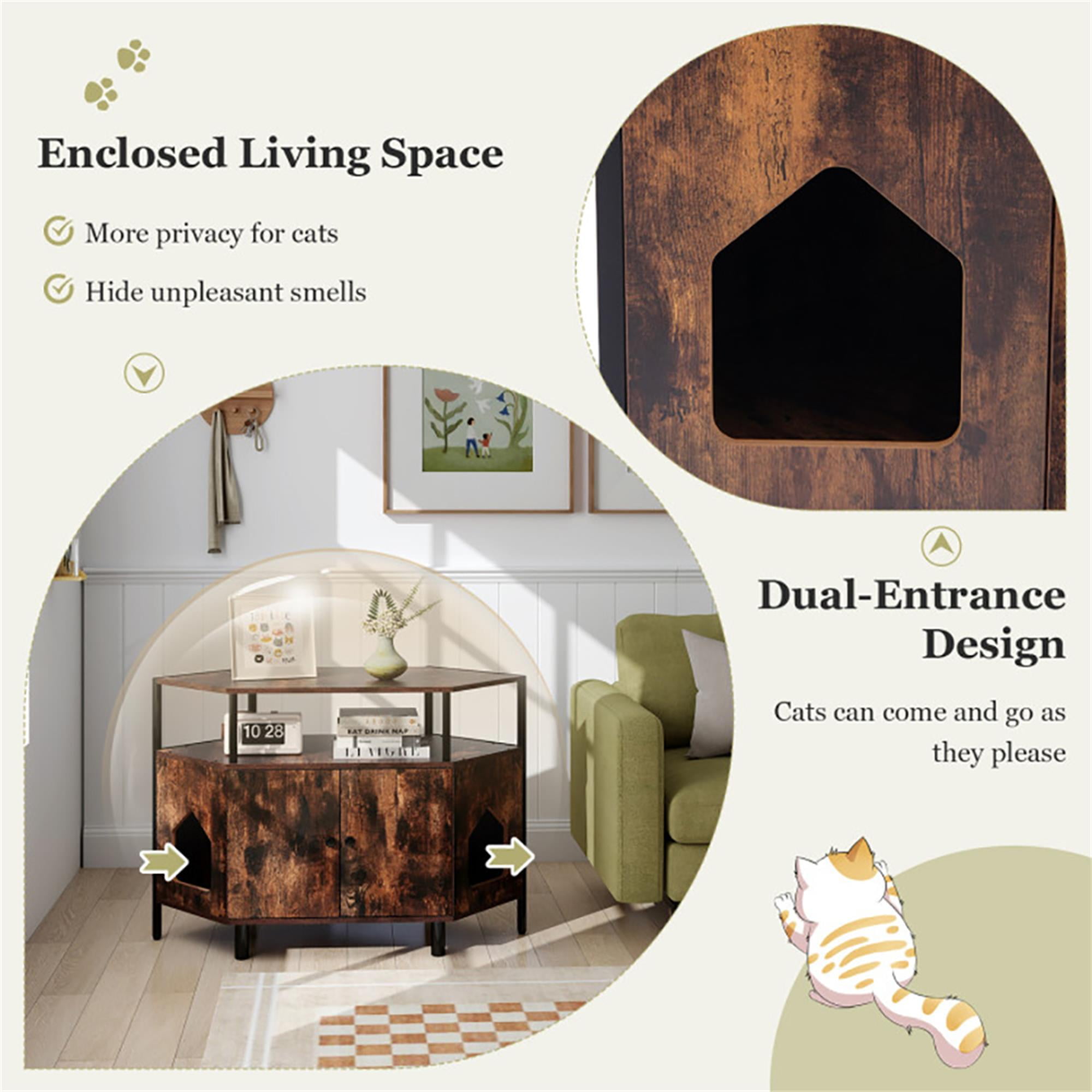 Kadyn 41" Large Hidden Cat Litter Box Furniture with Shelf, Wood Sturdy Cat Washroom Enclosure Cat House Storage with 2 Entrances, Brown