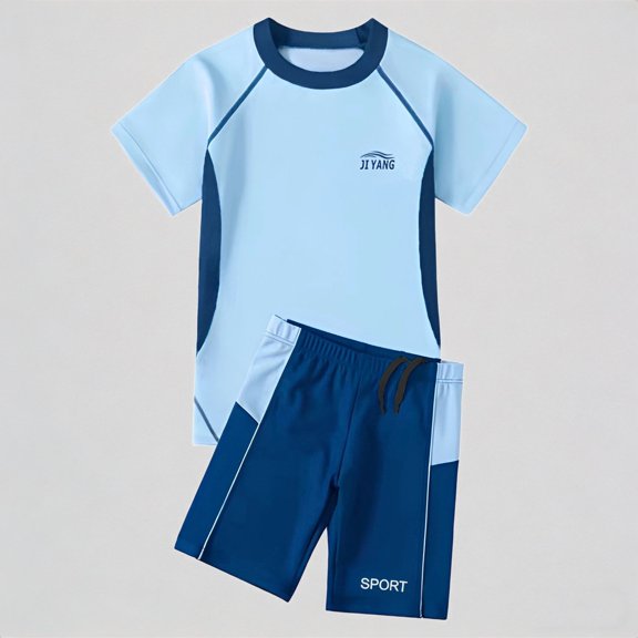 REDARER Boys UPF 50 Two Piece Swim Set, Short Sleeve Color Block Rash Guard & Drawstring Swim Trunks for Beach Pool Summer Activities,9-10 Years