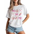 thumbnail image 3 of Women's T-Shirt Pink Cartoon Sweet Bow Baseball Bat Short Sleeve Casual Tee Classic Crew Neck T Shirt for Women White, M, 3 of 7
