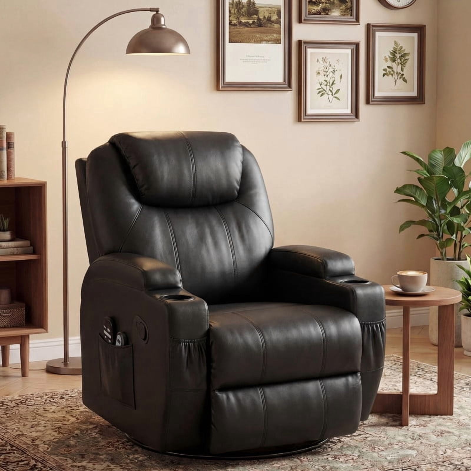 Lacoo PU Leather Swivel Rocker Recliner with Massage for Living Room Small Spaces Lounge Recliner Chair with Side Pockets for Adults,PU Black