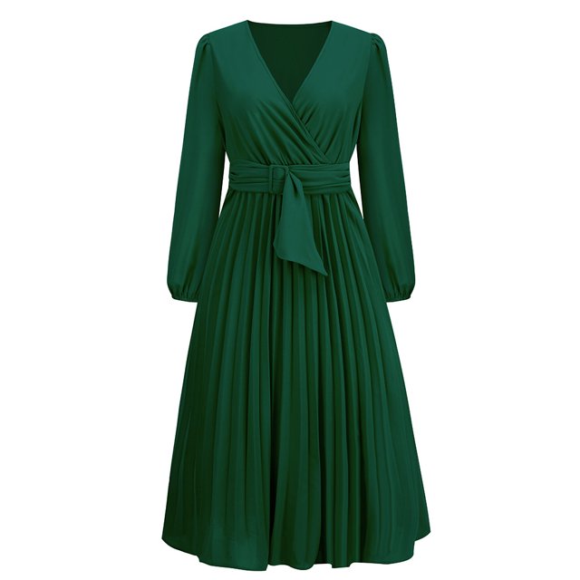 Vestido elegante para mujer, manga larga, escote en V, vestido de cóctel, falda plisada en forma de A, vestido informal informal