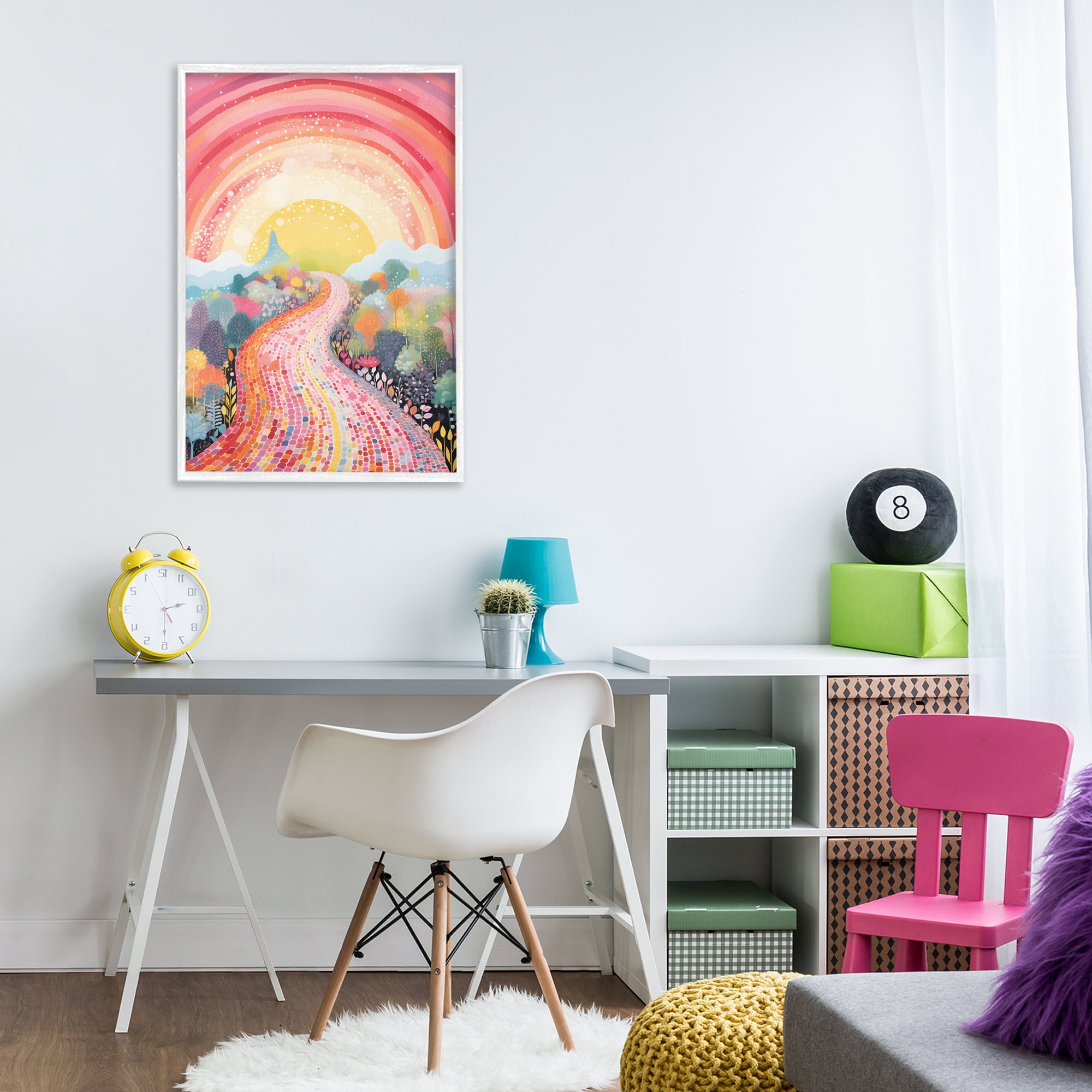 Stupell Industries Pink Brick Road Journey Landscape Painting White Framed Art Print Wall Art, 20 x 30