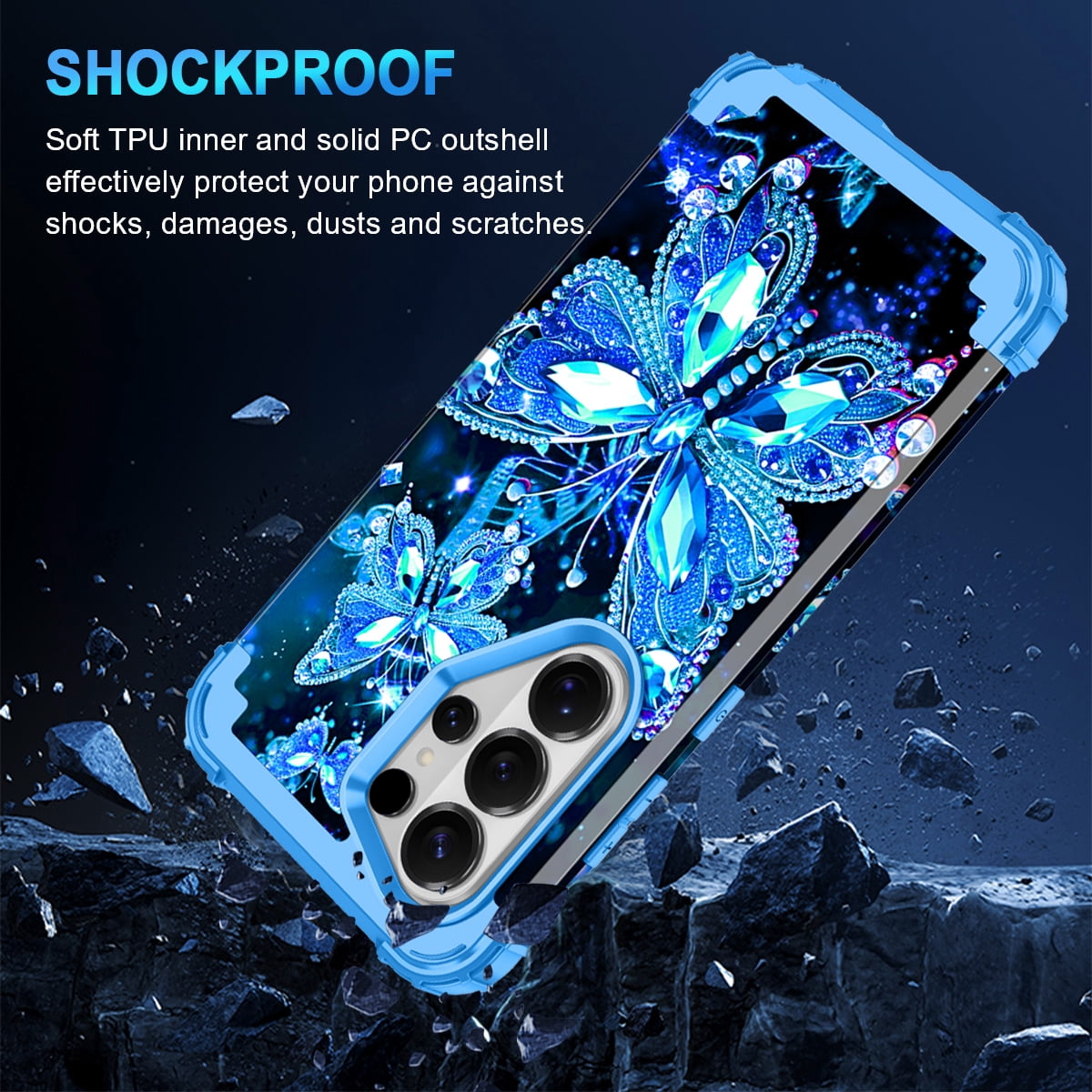 Casetego for Samsung Galaxy S26 Ultra 5G Case,Glow in The Dark Three Layer Heavy Duty Sturdy Shockproof Protection Rugged Hard PC+Soft TPU Bumper Case for Galaxy S26 Ultra,Blue Butterfly