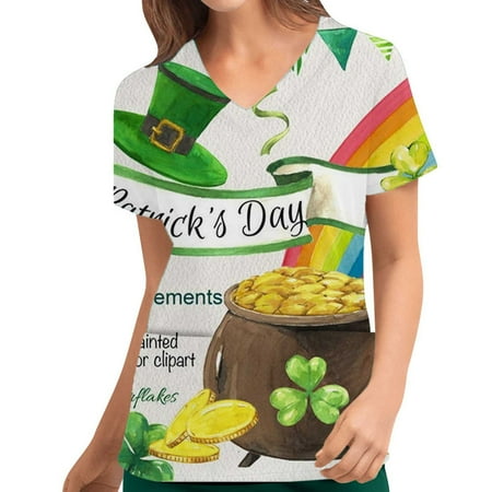 

Ozmmyan Womens Tops St Patricks Day Scrubs for Women Fashion St Patrick s Day Printing Short Sleeve V Neck Tops Nursing Working Uniform