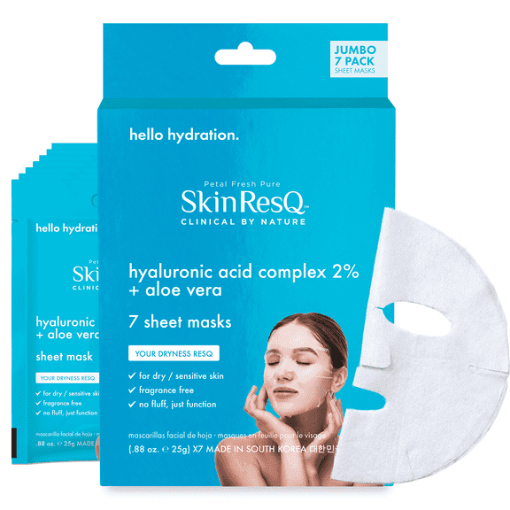 Skin ResQ by Petal Fresh Hello Hydration Sheet Mask with Hyaluronic Acid Complex 2% + Aloe Vera, Hydrating Face Mask for Dry & Sensitive Skin, Fragrance Free, 7 Pack