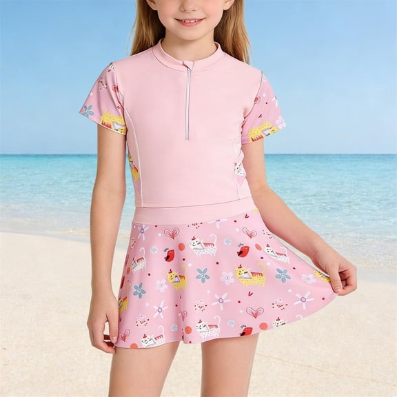 ATOGUTA Girls Swimsuits Kids Bathing Suits Short Sleeves Swimwear Girls Swim Dress Size 3T-13, Pink
