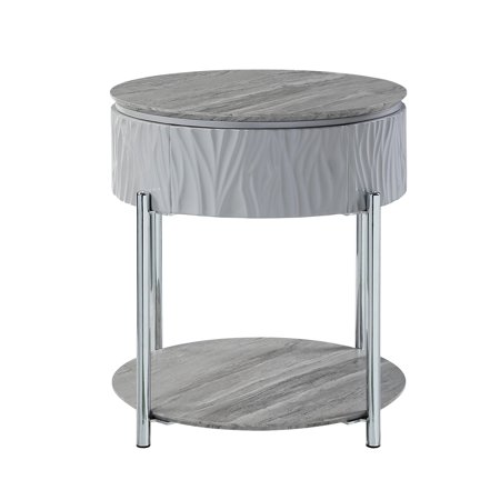 Gray High Gloss & End Table - Elegant Oval And Round Shapes Strong Metal Legs Composite Wood Build Practical Storage 15mm Thick Tabletop