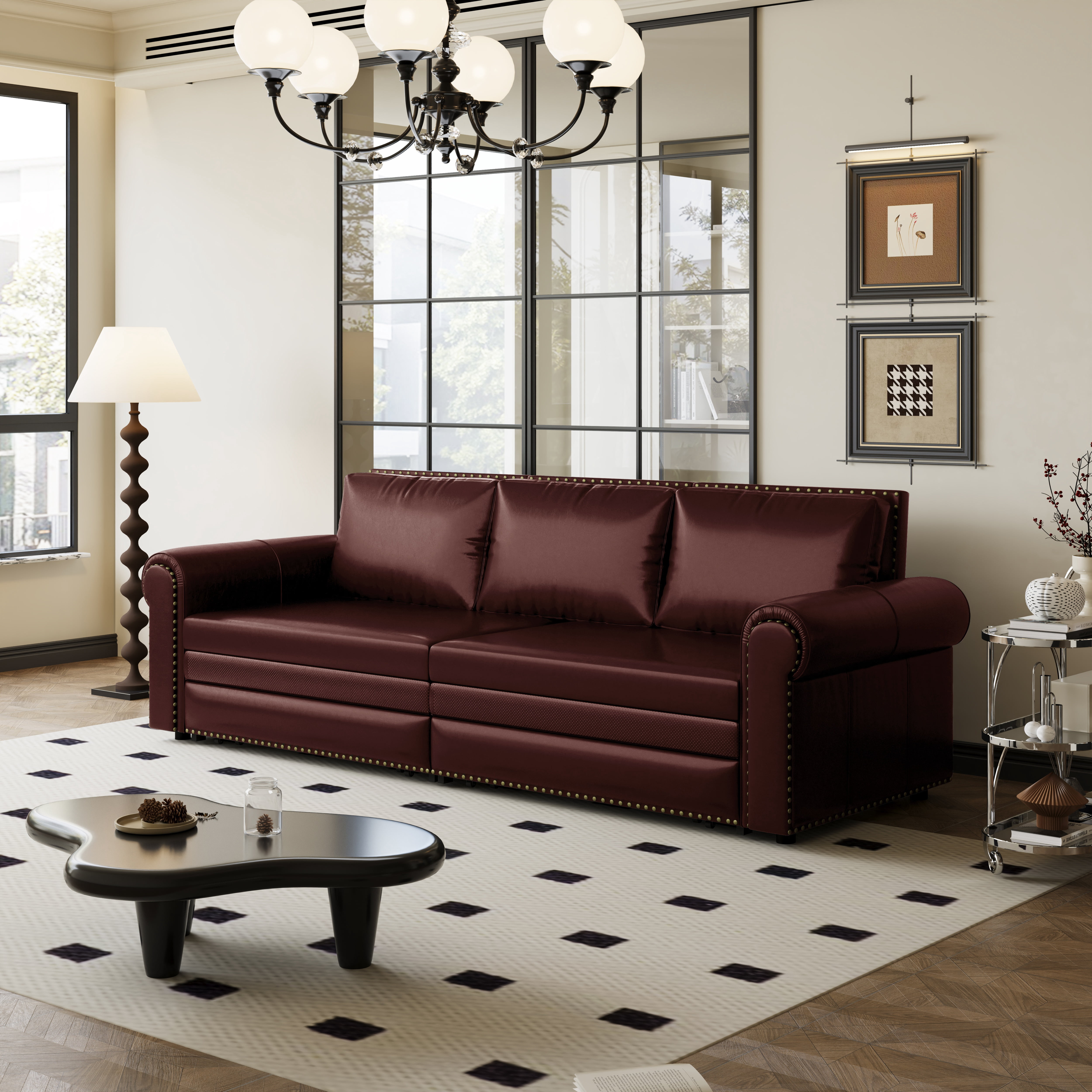 Chesterfield Sofa,93.7" King Pull Out Sofa Bed,3-in-1 Faux Leather Convertible Sleeper Sofa with Nailhead Trim & Rolled Arm,Multi-Functional Sofa Bed for Living Room,Bedroom