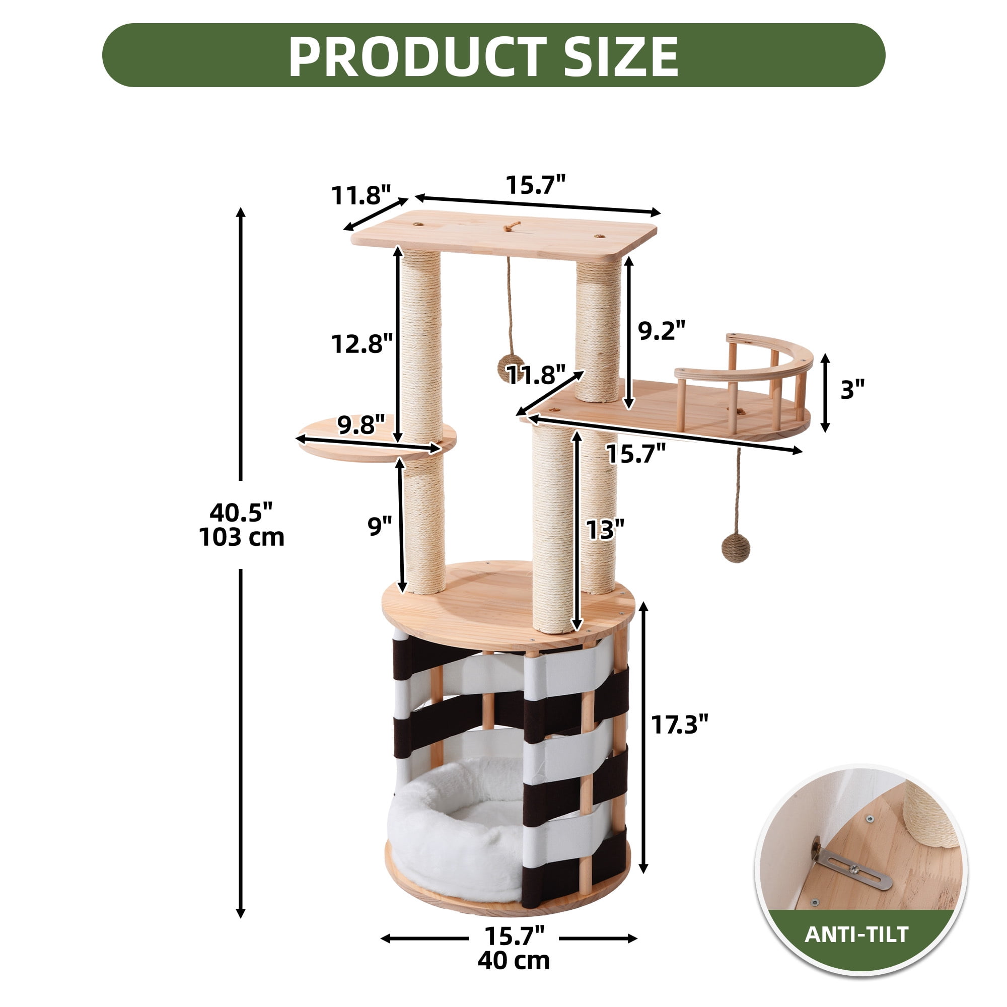 Uforic 40 in Solid Pine Wood Cat Tree, Multi-Level Cat Tower with Cat House, Observation Perches, Plush Bed & Sisal Scratching Posts, Indoor Cat Furniture