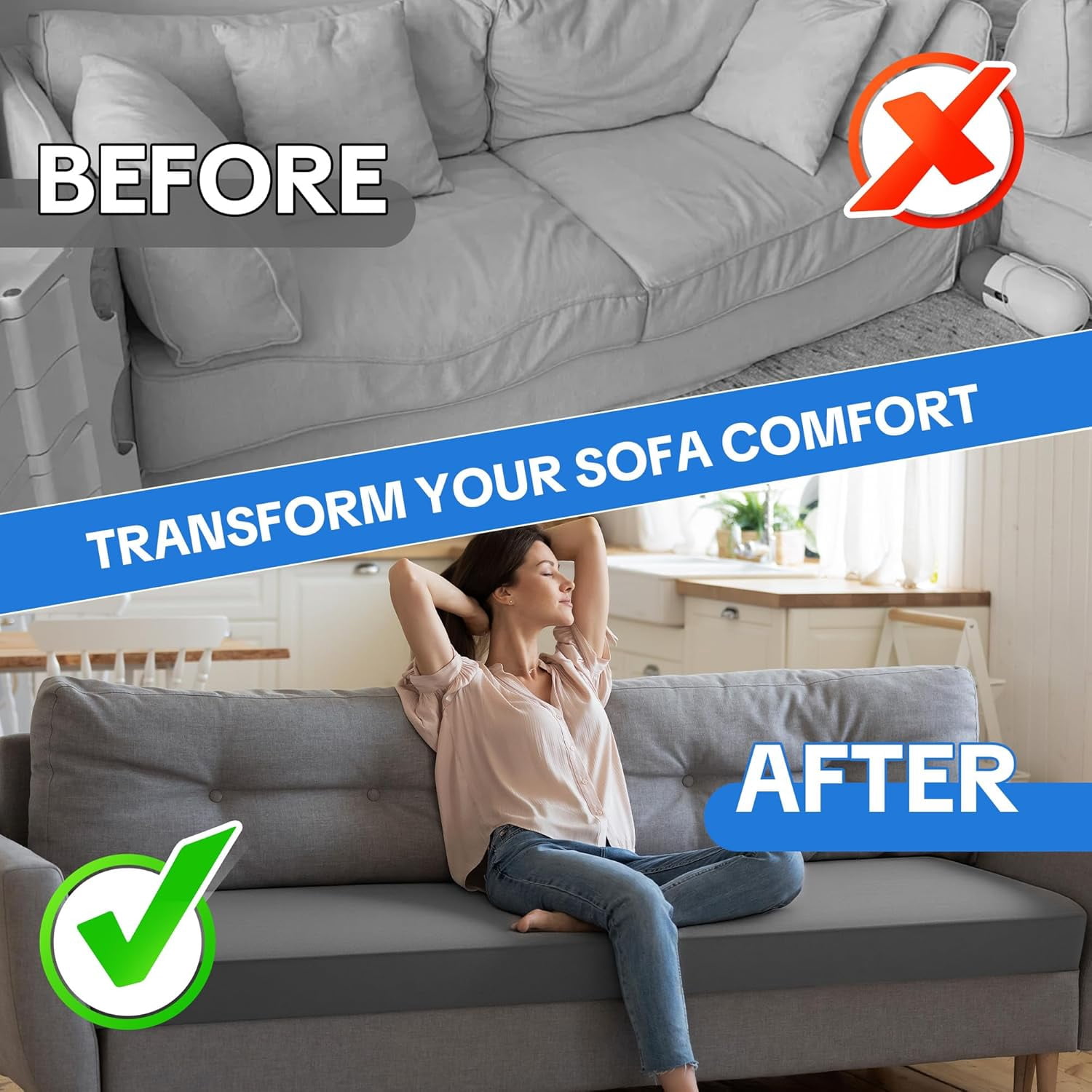 HOMBYS 3 Inch Memory Foam Sofa Topper Pad, Couch Topper Cushion with Washable Cover for Sofa, Couch Cover Pad with Non Slip Bottom (59 Inch)