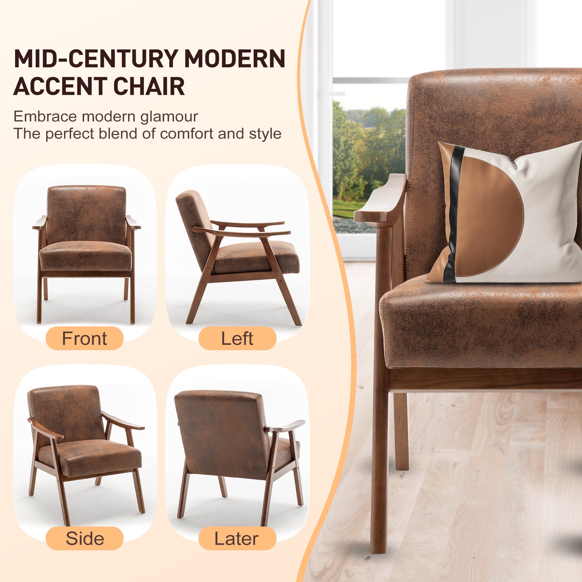 Mid-Century Modern Accent Chair, Velvet Upholstered Lounge Chair with Solid Wood Frame, Extra-Thick Backrest Wingback Chair for Living Room, Bedroom, Reading Nook
