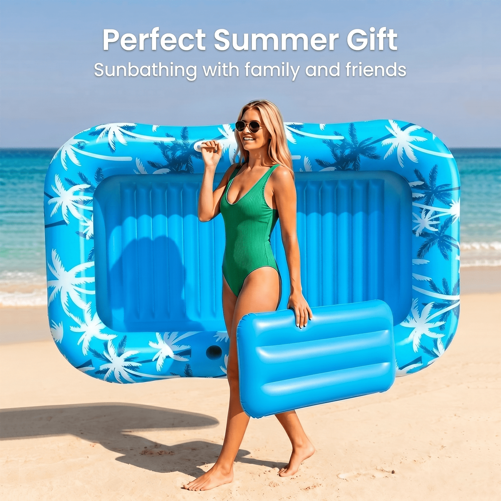 Inflatable Tanning Pool Lounger Extra-Wide with Integrated Cooling Sprinkler – 77" x 48" Sunbathing Float & Personal Soak Tub for Adults, Heavy Duty 6-in-1 Water Oasis for Backyard & Poolside