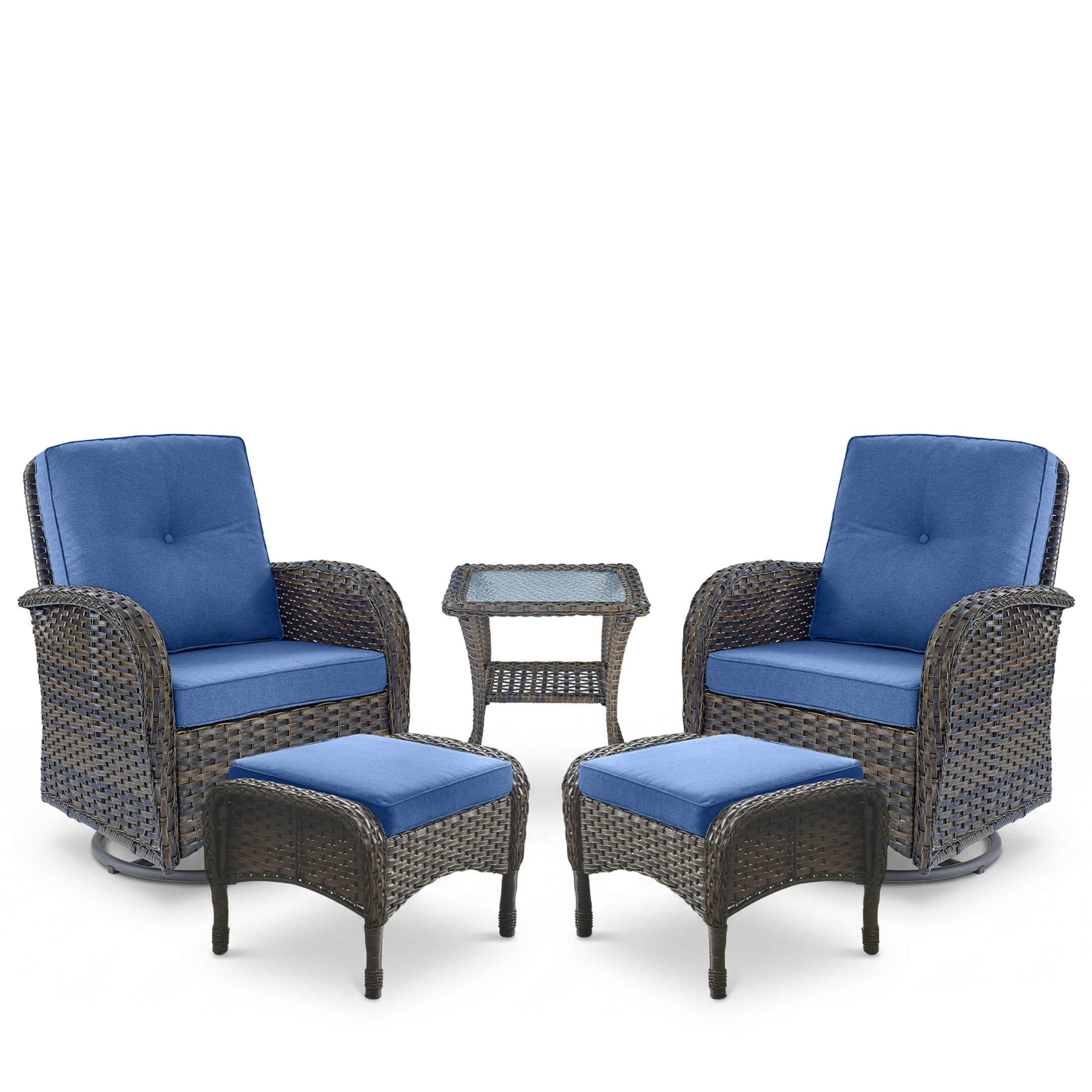 Unnifurnzi 5 Pieces Outdoor Wicker Patio Furniture Set-High Back Outdoor Rocking Chairs Set of 2 with Ottoman Patio Conversation Sets for Deck Lawn Porch Balcony Poolside-Brown/Blue