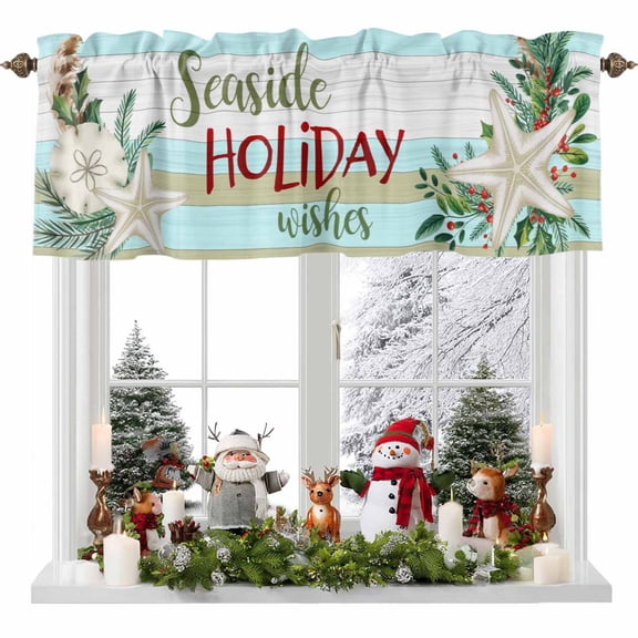 Curtain Valance for Windows,Seaside Holiday Pine Needles Starfish Kitchen Valances Rod Pocket Short Curtains,Wood Board Window Treatment Panel for Bedroom Bathroom 54x18in
