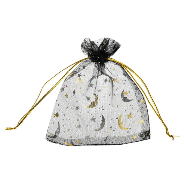 Bolsa de Organza Uxcell, Bolsas de Malla Transparente con Estrellas y Luna, Bolsas de Regalo con Cuerda, Paquete de Fiesta, Bolsas para Joyería Negras-Doradas 3.5" x 5"