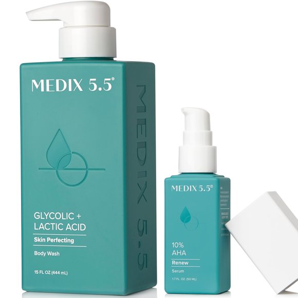 Medix 5.5 exfoliante AHA ácido glicólico limpiador facial y corporal + loción de crema corporal hidratante de colágeno cuidado de la piel juego de 2 piezas | Jabón corporal y limpiador facial espumoso