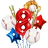 8 Pcs Baseball Balloons Set - Includes Baseball Foil Balloons, Baseball Glove Balloons, Baseball Bats Balloons, Number 8 Balloon, Blue Red Star Balloons, Baseball Stickers for Baseball Party Supplies