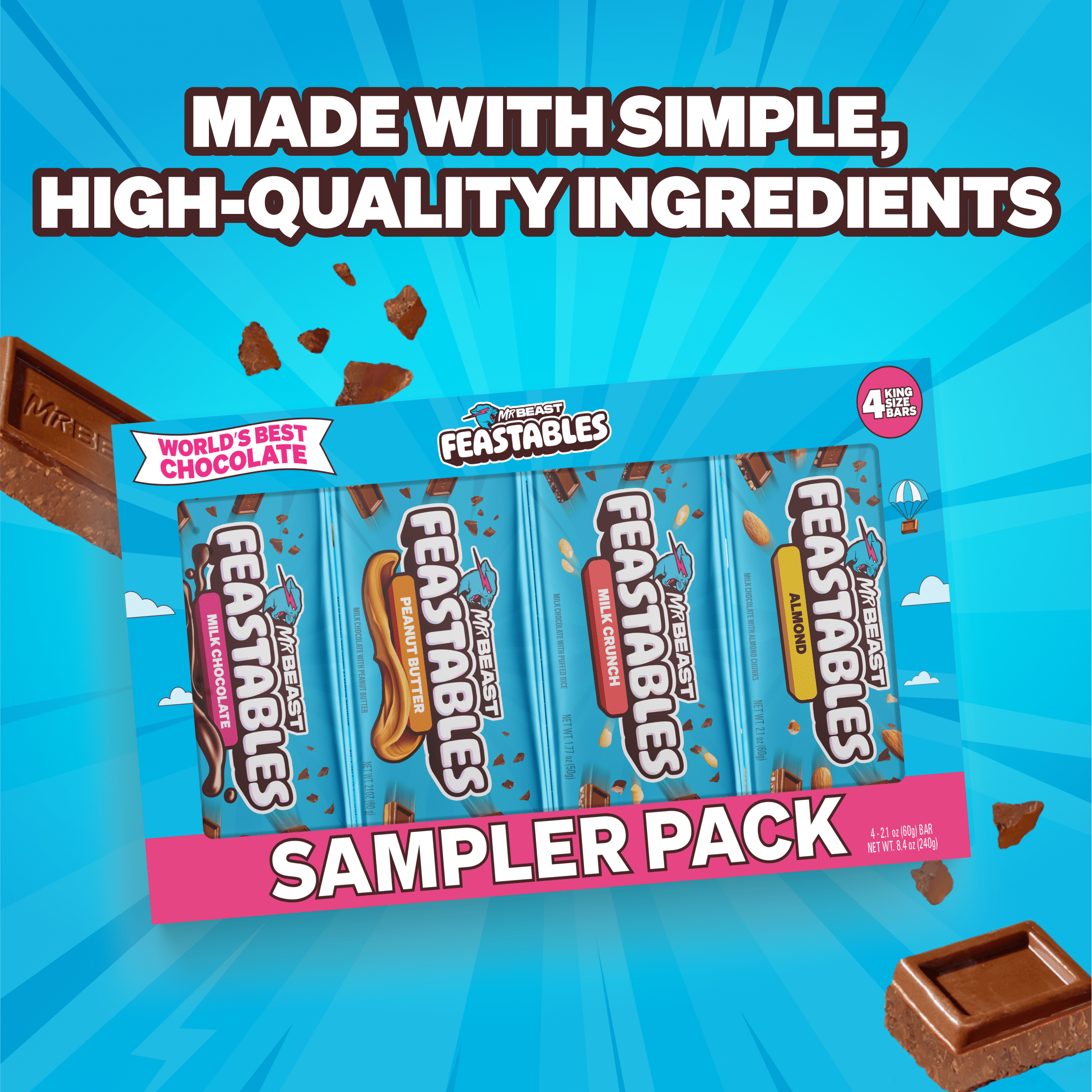 Feastables MrBeast Paquete Variado de Muestras de Barras de Chocolate con Leche 2.1 oz (60 G), 4 Unidades