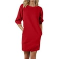 thumbnail image 2 of Fall Deals！Fall Wedding Guest Dresses,Women's Casual Round Neck Five Quarter Sleeve Pocket Solid Color Dress Red S, 2 of 6