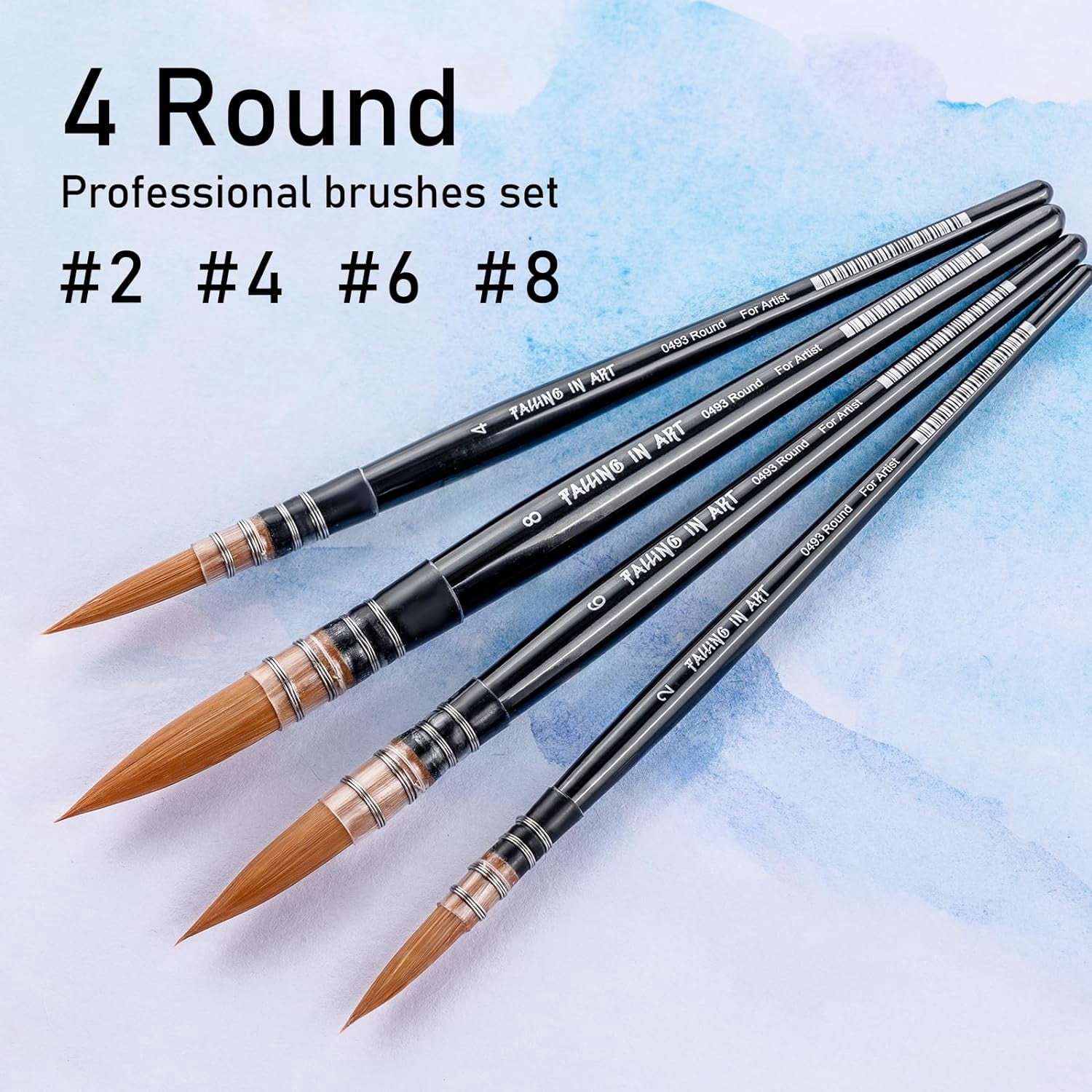 JJEAN-Professional Paint Brush Set, 4Pcs Round Pointed Paintbrush Set, Wooden Handle Nylon Hair Artist Brushes for Watercolor Painting and Fine Art(#2#4#6#8)