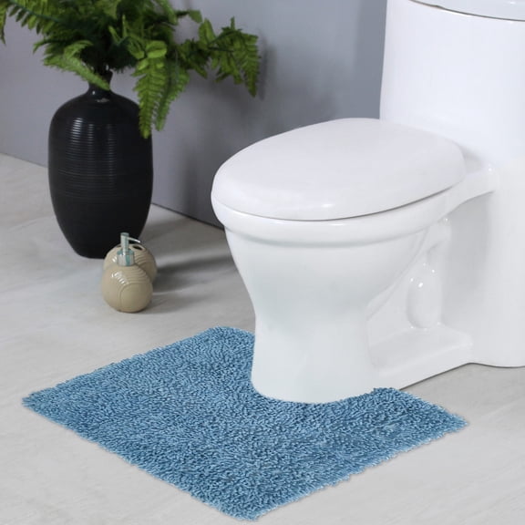 Home Weavers Fantasia Collection Toilet Rugs U Shaped Contour, Extra Thick Bathroom Rug, Non-Slip Contour Mat for Bathroom, 100% Cotton Soft & Water Absorbent, Machine Washable, 20"x20" Contour, Blue