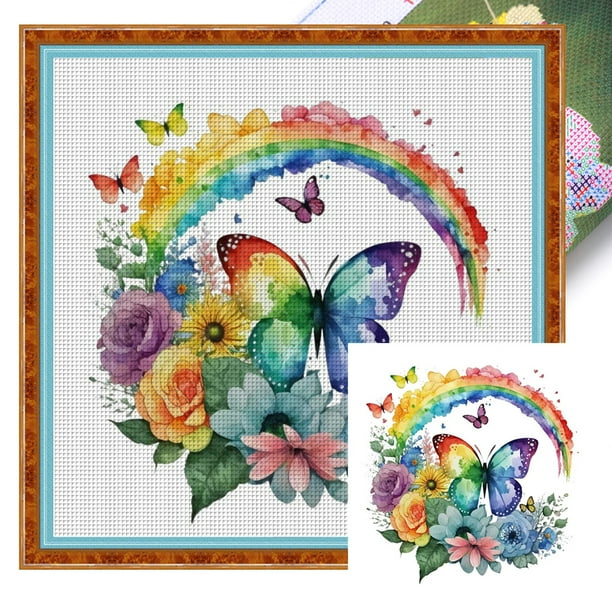 Kit Punto Cruz Con Mariposa Y Arcoíris Hilo Algodón Bordado 18CT