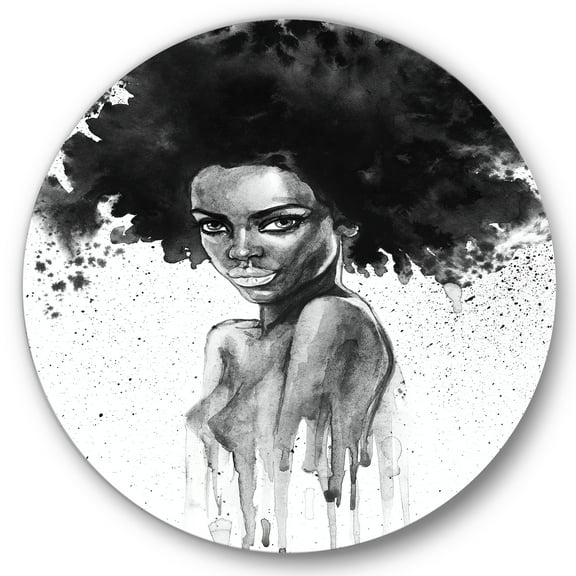 Designart 'Black and White Portrait of African American Woman III' Modern Circle Metal Wall Art 36x36 - Disc of 36