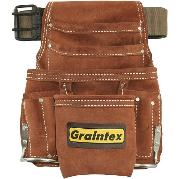 Graintex SS2976 10 Pocket Nail & Tool Pouch Brown Color Suede Leather with 2? Leather/Webbing Belt for Constructors, Electricians, Plumbers, Handymen