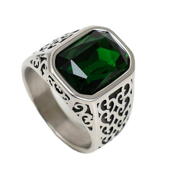 PAMTIER Men's Women's Stainless Steel Cubic Zironia Personalized Vintage Floral Pattern Ring Silver Green Size 12