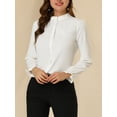 thumbnail image 6 of INSPIRE CHIC Women's Ruffled Trim Button Down Stand Collar Long Sleeve Blouse Top S White, 6 of 9