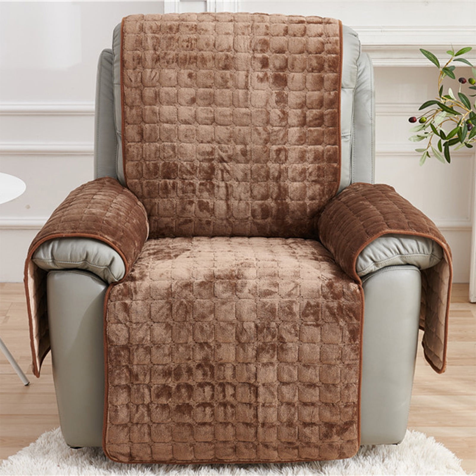 Gumesh Non-Slip Recliner Chair Cover - Stretch Velvet Sofa Protector with Elastic Straps, Ensures Full Coverage & Secure Fit for Single Seaters,Coffee