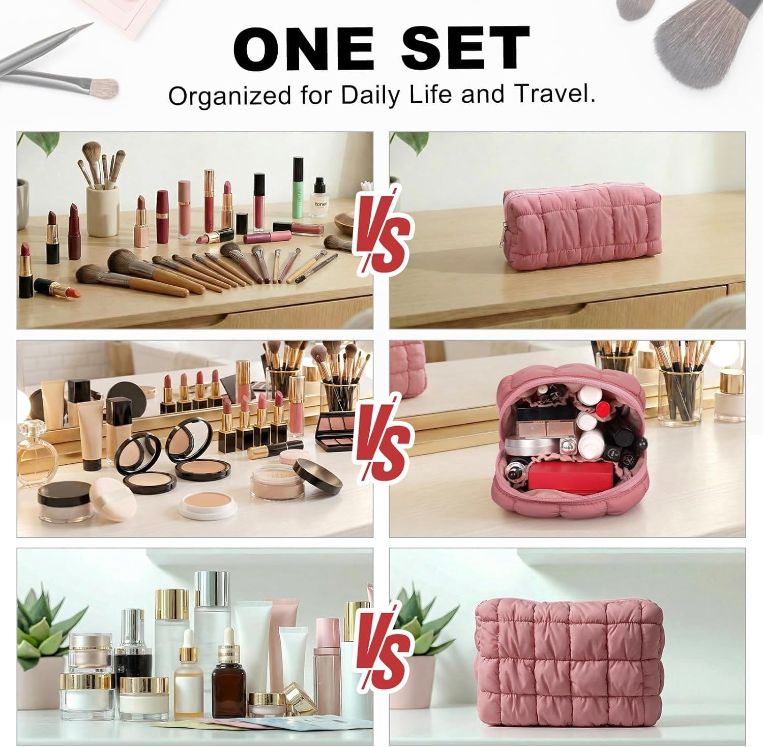 3 count Makeup Bag Set Quilted Travel Toiletry Organizer Large Capacity  Pouch Soft Storage Case for Women Girls Travel Essentials Gifts