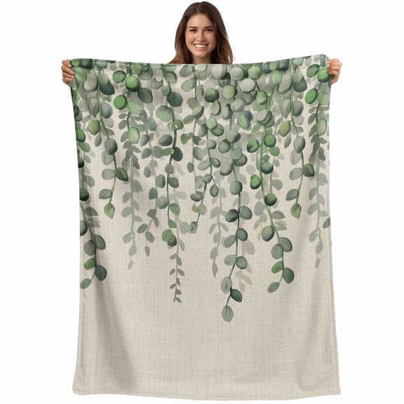 Green Eucalyptus Leaves Blanket Soft Cozy Warm Throw Blanket for Couch, Plush Fuzzy Flannel Fleece Blankets for Sofa, Summer Botanical Weeping Rustic Bed Blankets Lightweight Gifts for Women, 50"x60"