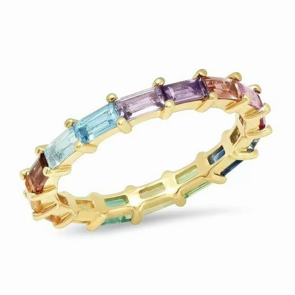 Baguette Cut Lab created Multi sapphire full Eternity band ring , Prong Setting Wedding Band Ring In 925 sterling Silver For Her, love And Women ,Perfect for Love and Special Occasions