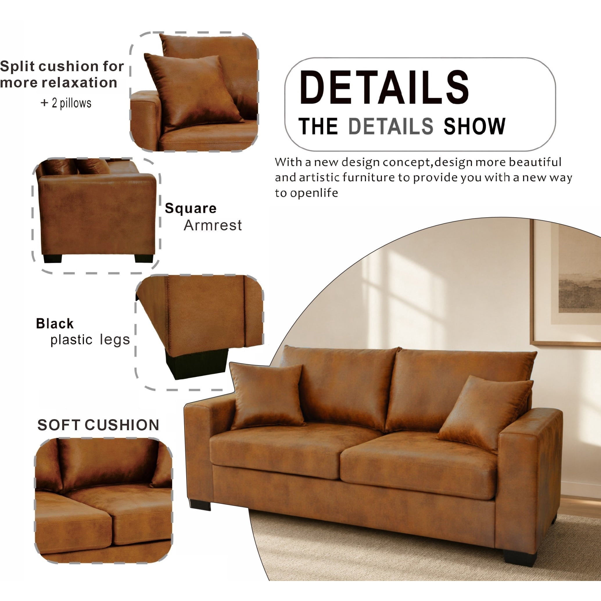 Lunale 69" Loveseat Sofa for Small Space, Modern Comfortable 2-Seater Upholstered Couch, Brown Faux Leather