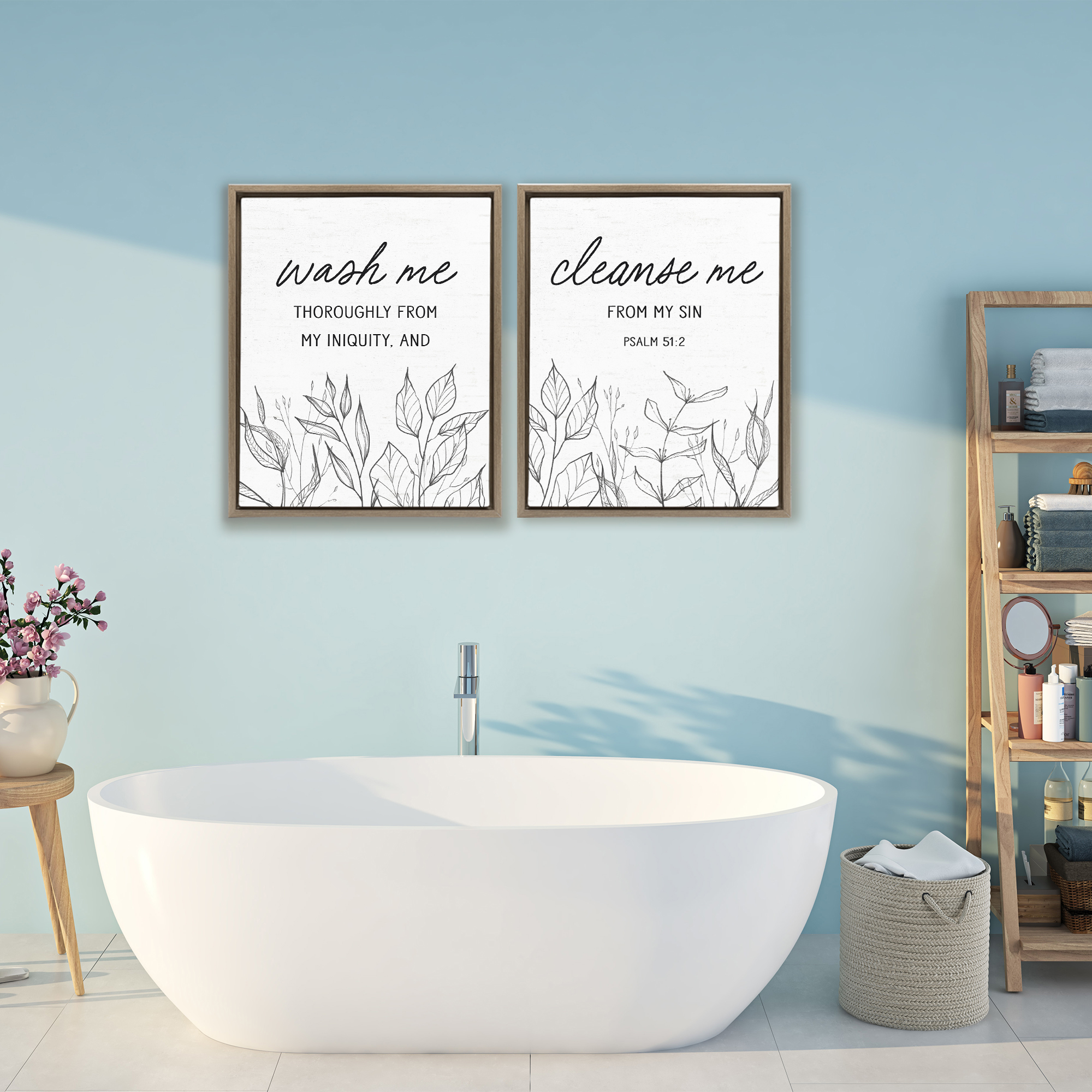 Wash & Cleanse Me Scripture 2 Piece Brown Framed Floater Canvas Set, design by Lettered and Lined