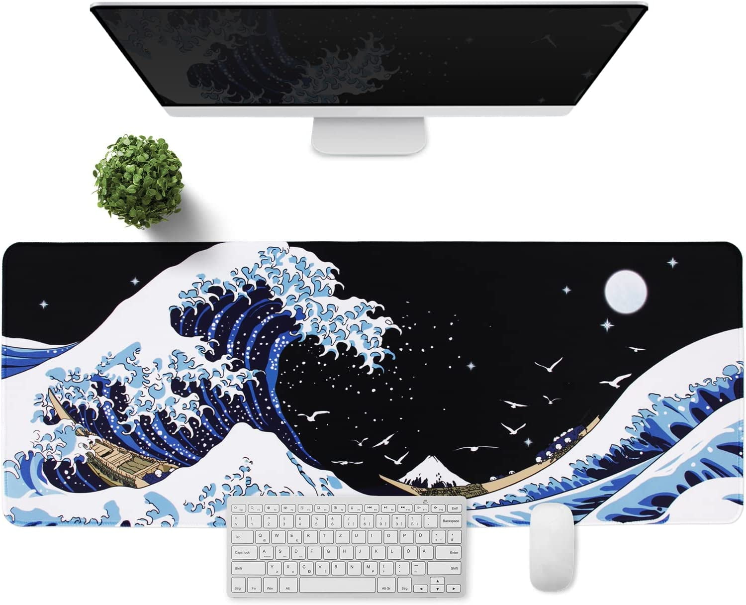 Gaming Laptop Mouse Pad, Sea Wave Big Desk Pads PC Keyboard Waterproof and Non-Slip 31.02 x 11.8inches 3mm Thick XL,XXL Rubber Table Mat, Kanagawa Surfing and Black
