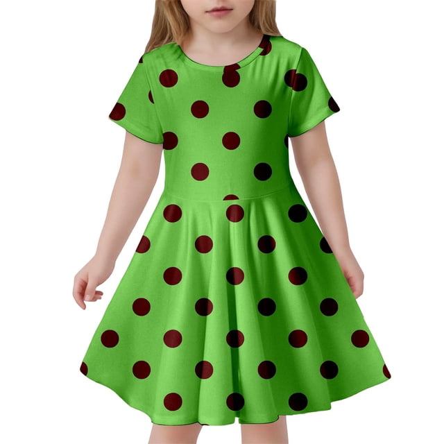 Robes pour Filles, Robe d'Été à Pois, Slim, Douce, Respirante, Manches Courtes, Décontractée, Verte, 8 Ans-9 Ans