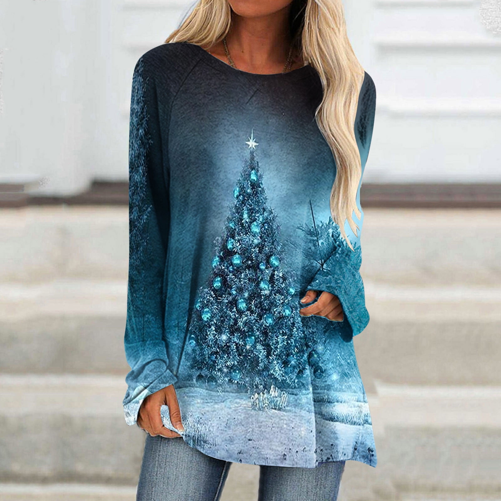  Womens Long Sleeve Sparkly Shirts Cute Christmas Tree
