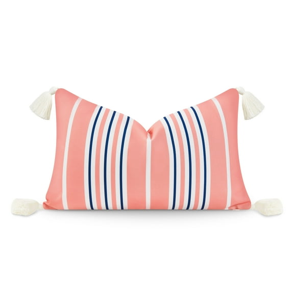 Hofdeco Premium Coastal Patio Indoor Outdoor Lumbar Pillow Cover Only, 12"x20" Water Resistant for Backyard, Couch, Coral Pink Navy Blue Stripe Tassel