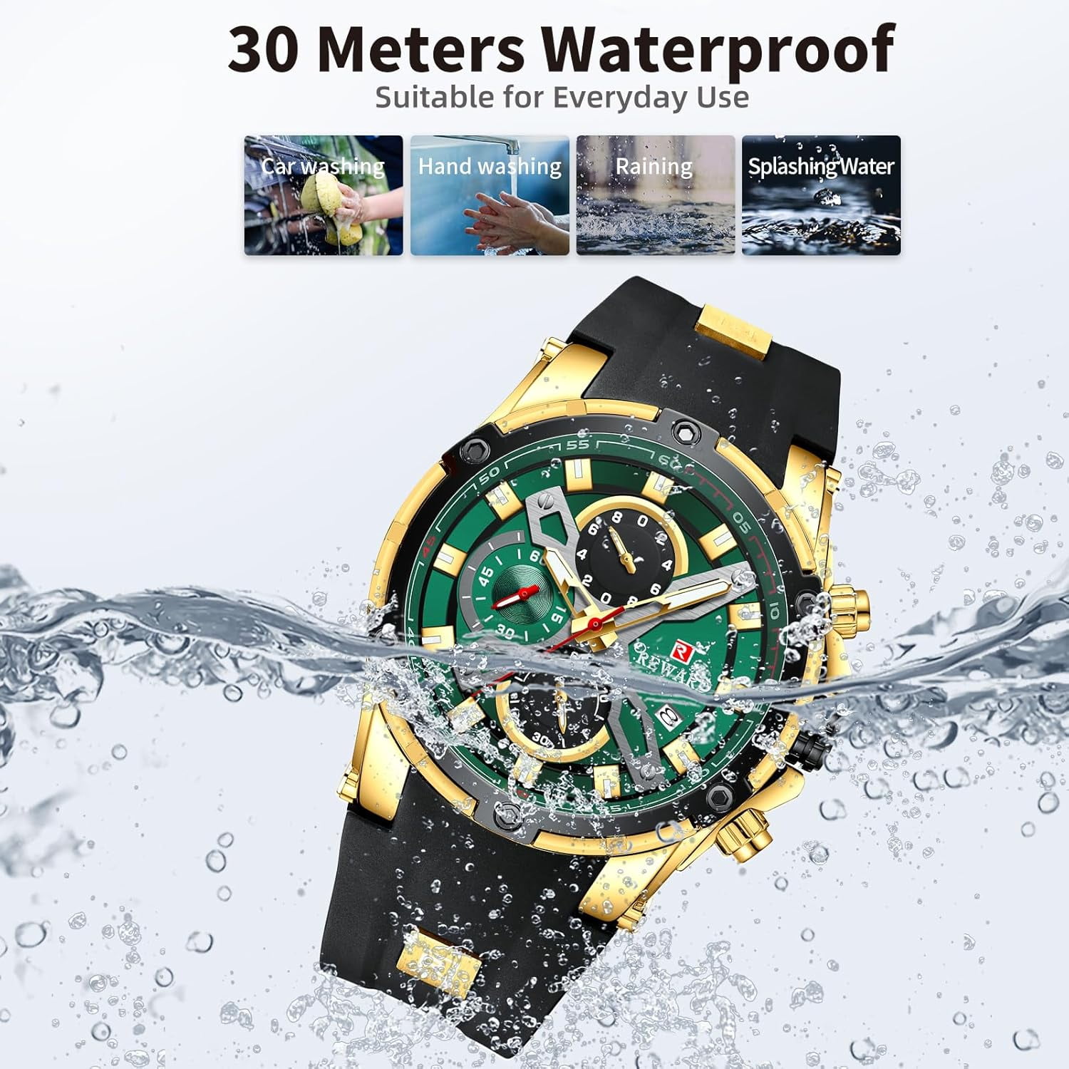 Men's Watch Fashion Tonneau Wrist Watches (Chronograph/Waterproof/Luminous/Calendar) Silicon Strap Quartz Watch for Men
