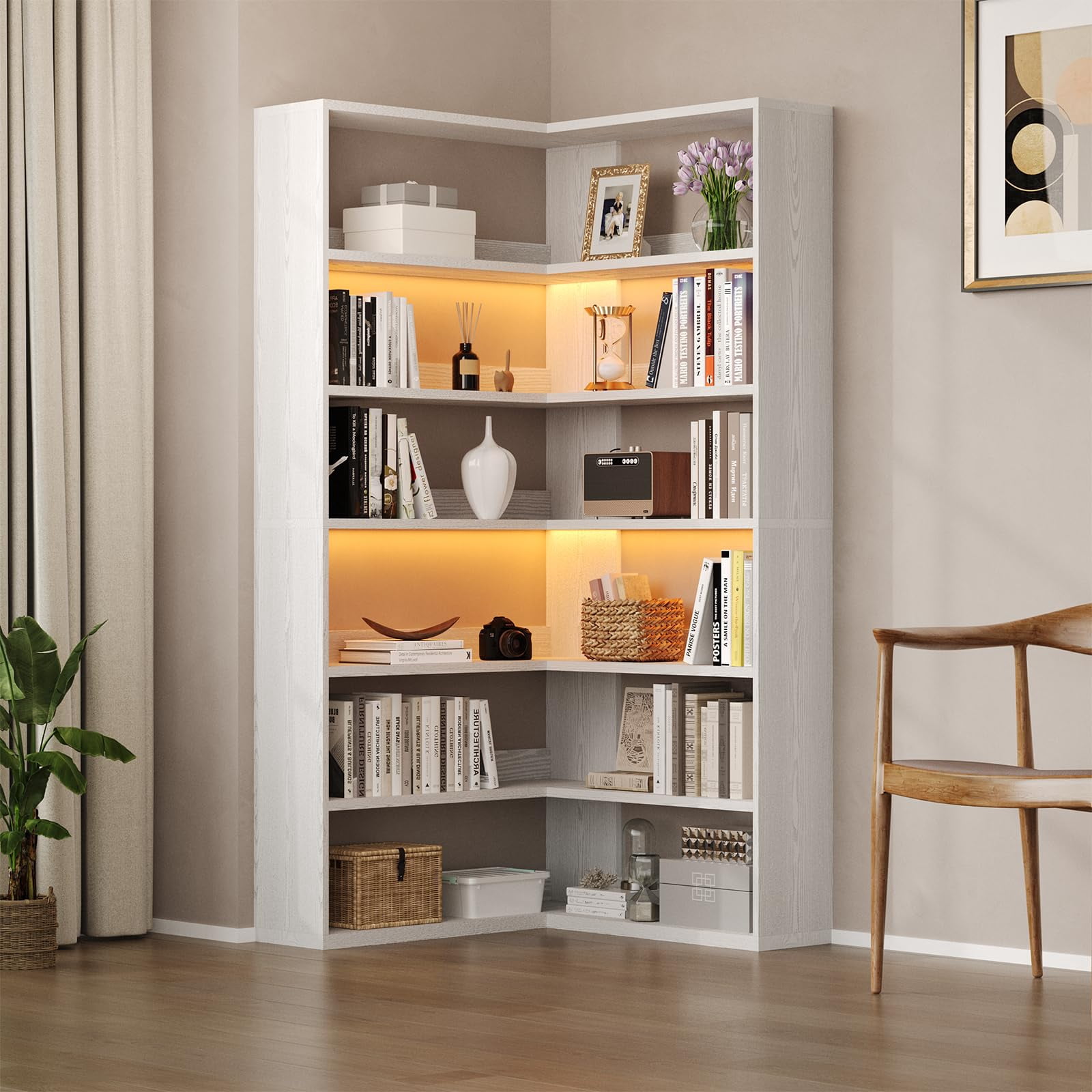 DreamCurship Industrial Corner Bookshelf, 71" Tall 6-Tier L-Shaped Bookcase with LED Lights, Rustic White Space-Saving Display Rack for Living Room, Bedroom