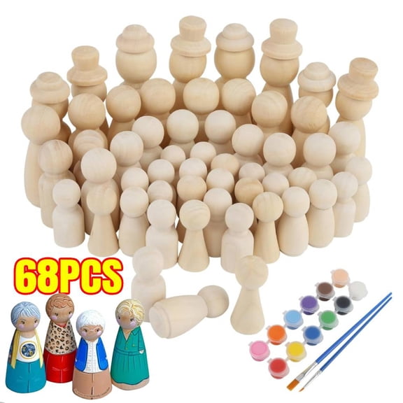 68PCS Wooden Peg People Wooden Peg Dolls Unfinished Wooden People Figures With Storage Case,   Paints and Brushes for Craft Art Projects