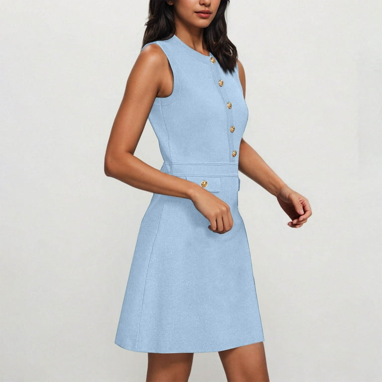 Trendy SMihono Women's Formal Work Mini Dress Casual Summer Crew Neck  Sleeveless Elegant Button Bussiness Office Outfits Light Blue XXL -  Walmart.com