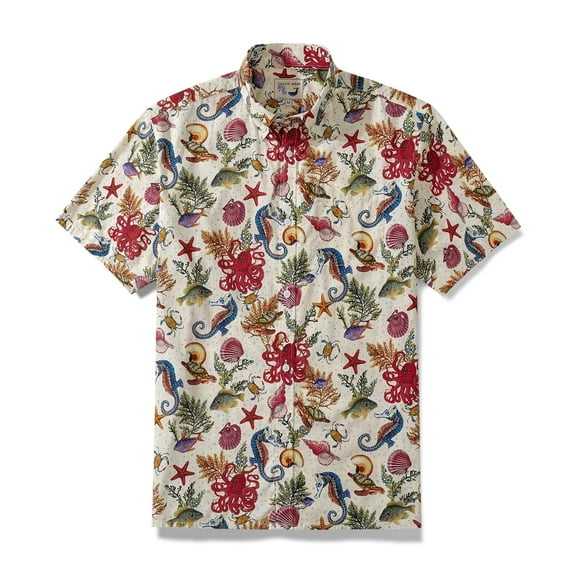 YIUME Mens Funky Hawaiian Shirt Marine Life Seahorse Octopus Print Cotton Button-down