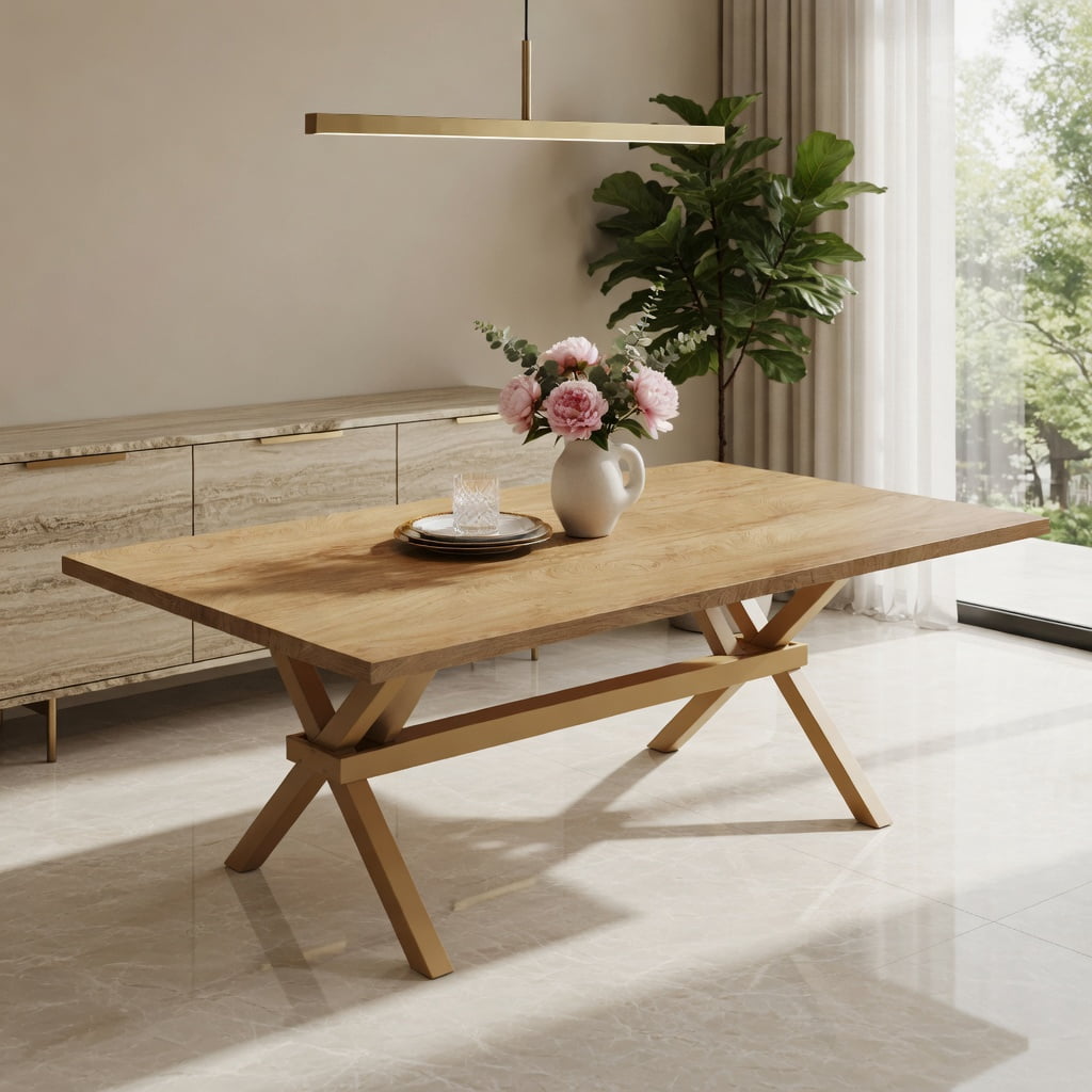 Hommoo Modern Light Wood MDF Dining Table with X-Shape Metal Base, 71" x 35.4" Extendable Rectangular Table for 6-8 People, Minimalist Home & Office Use, Natural