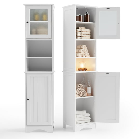 Aiho Bathroom Storage Tower–Two-Way Doors, Adjustable Shelves, Anti-Tip Freestanding Linen Cabinet for Home, Kitchen, Living Room White