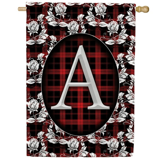 America Forever Elegant Red And Black Plaid Monogram A House Flag, 28 x 40 inch Double Sided, Buffalo Plaid Initial Flag, Floral Tartan Banner, Personalized Fall Winter Decor, Letter A Yard Flag