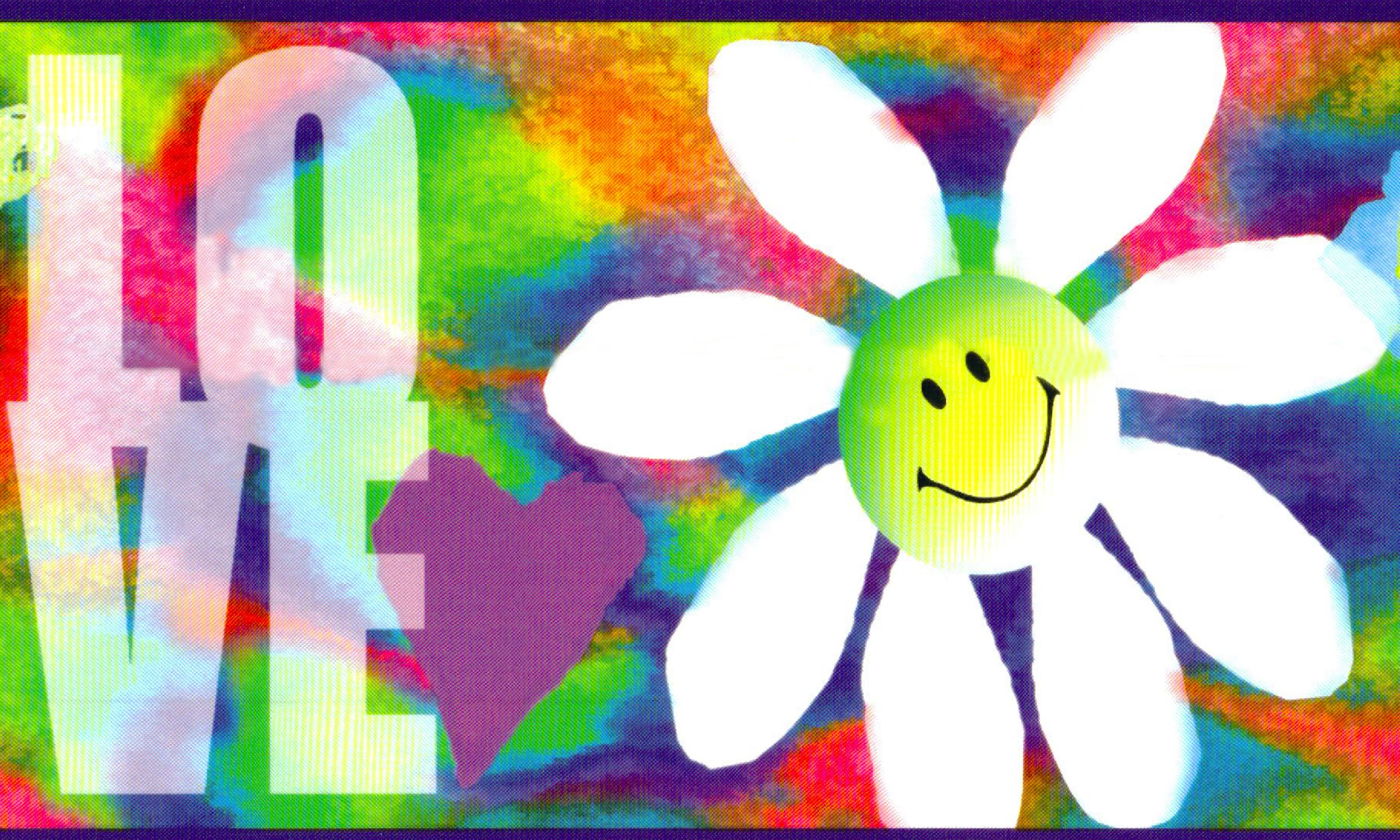 Dundee Deco Prepasted Wallpaper Border - Kids Pink, Blue, Green, Purple Peace, Love, Flower, 15 ft x 5.25 in