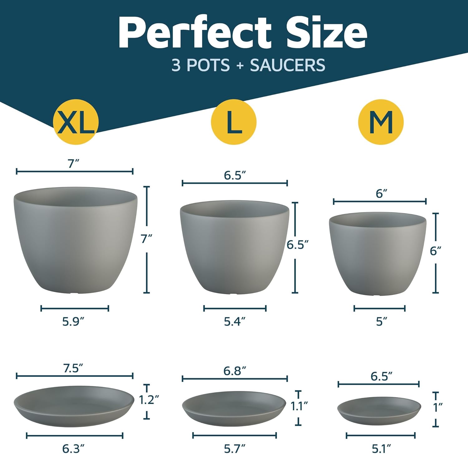 Lifemaster Gray Plant Pots with Drainage, 3 Pack photo 2